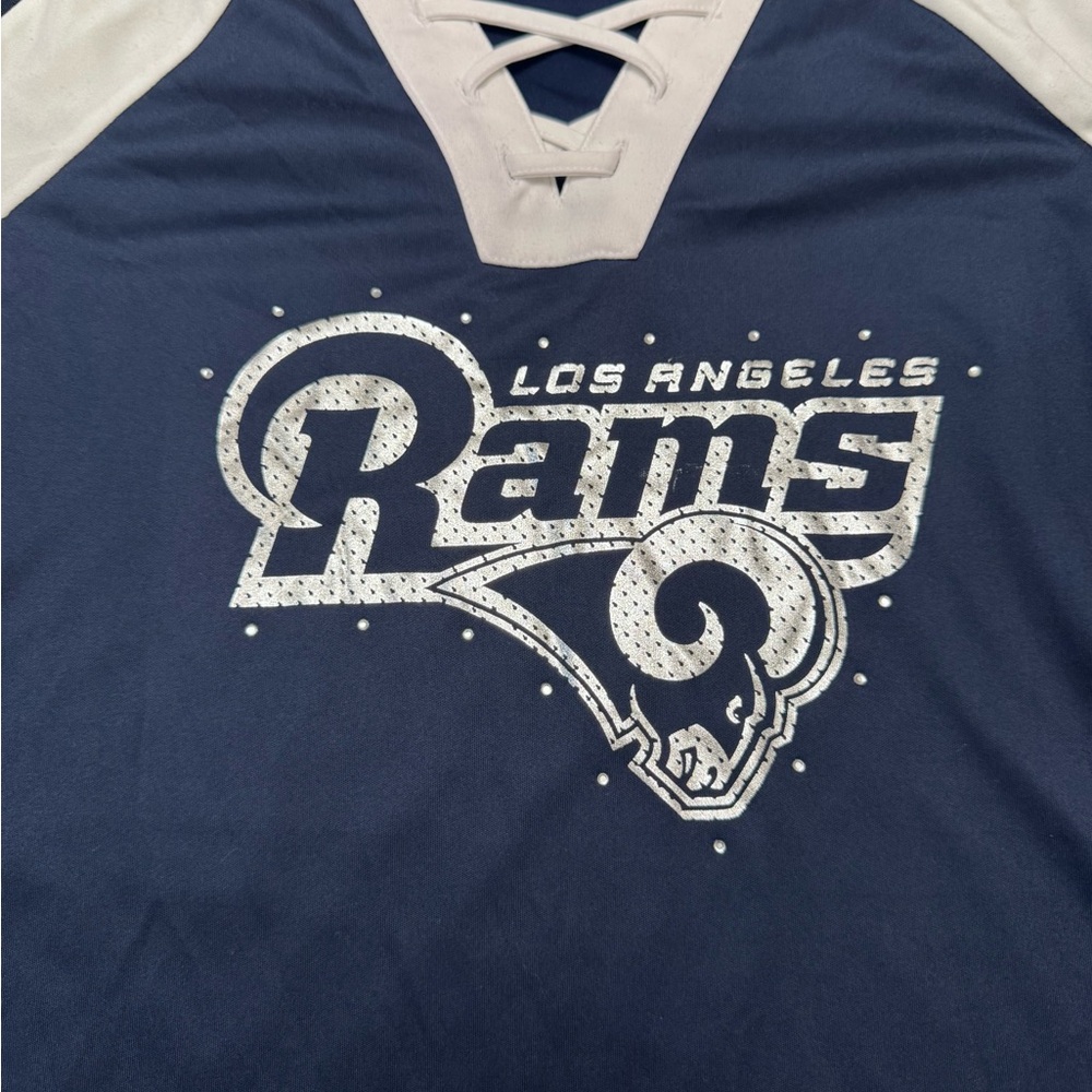 Los Angeles Rams Majestic Navy and White Lace-Up Athletic Jersey Top - Picture 3 of 5